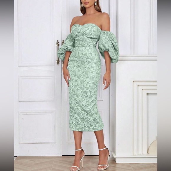 Luxe dusty blue floral jacquard off shoulder party formal evening dress - Picture 6 of 16